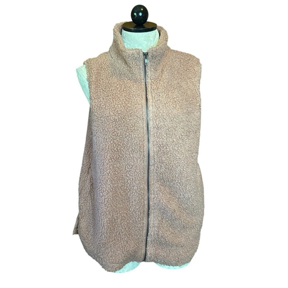 Umgee‎ Dusty Pink Sherpa Full Zip Vest Turtleneck Sz L Pockets Teddy Bear Jacket